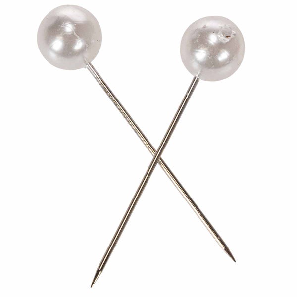 Zwei Stecknadeln mit Perlenkopf aus Metall für Bastelarbeiten und Dekoration.