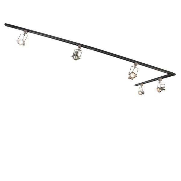 L-förmiges Schienensystem in Schwarz mit fünf verstellbaren Strahlern aus Metall.