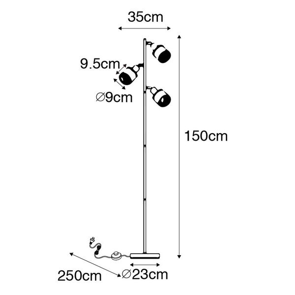 Abmessungen der Stehlampe mit drei Strahlern: 150 cm Höhe, 35 cm Breite, 9 cm Durchmesser pro Strahler, 9,5 cm Tiefe pro Strahler, 23 cm Durchmesser des Fußes, 250 cm Kabellänge