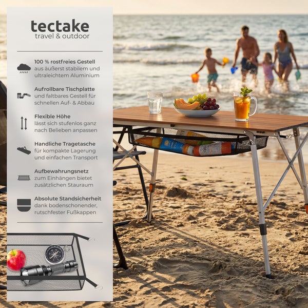 tectake Logo. Höhenverstellbarer Aluminium-Campingtisch mit rollbarer Platte in Holzoptik und Netz am Strand mit Familie im Hintergrund.