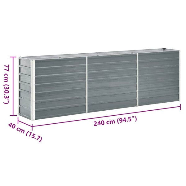 Graues Hochbeet aus verzinktem Stahl mit den Maßen 240 Zentimeter Länge, 40 Zentimeter Breite und 77 Zentimeter Höhe.