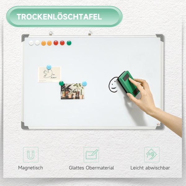 Magnetische Trockenlöschtafel mit Aluminiumrahmen, glatter Oberfläche und einfacher Reinigung. Hand wischt Zeichnung mit einem Schwamm ab.