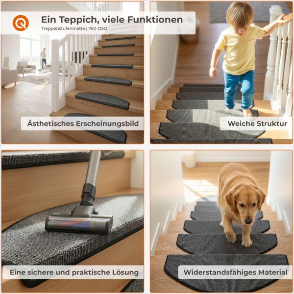 Treppenstufenmatten in Verwendung auf einer Holztreppe, kindersicher, pflegeleicht mit Staubsauger und geeignet für Haustiere