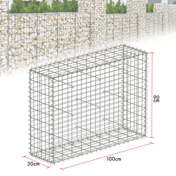 FLOORDIREKT Gabionenkorb Lenox -Steinkorb Zaun Sichtschutz Verzinkt 100 x 90 x 30 cm