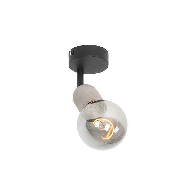 Deckenstrahler aus Metall und Beton mit LED-Filament-Leuchtmittel.