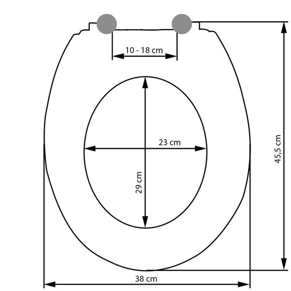 Skizze mit Maßen eines WC-Sitzes: Scharnierabstand 10 bis 18 Zentimeter, Breite 38 Zentimeter, Länge 45,5 Zentimeter, Ausschnitt 23 auf 29 Zentimeter.