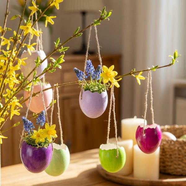 Osterdekoration mit bemalten Eierschalen als Pflanzgefäße hängend an Forsythienzweigen mit Frühlingsblumen