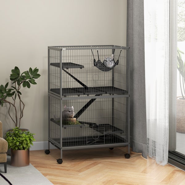 PawHut Kleintierkäfig, Frettchenkäfig Nagerkäfig mit ausziehbarem Tablett Käfig mit Hängematte, Rampen, Rollen für Eichhörnchen, Zwerghamster, Chinchilla Grau