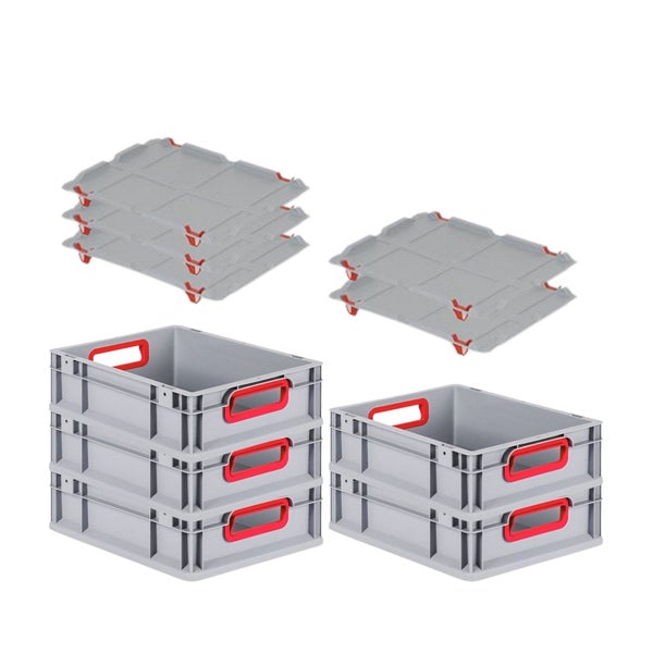 PROREGAL Spar Set 5x Eurobox Nextgen Color Mit Auflagedeckel & Schiebeschnappverschlüsse HxBxT 12 x 30 x 40 cm Griffe Rot Offen Glatter Boden