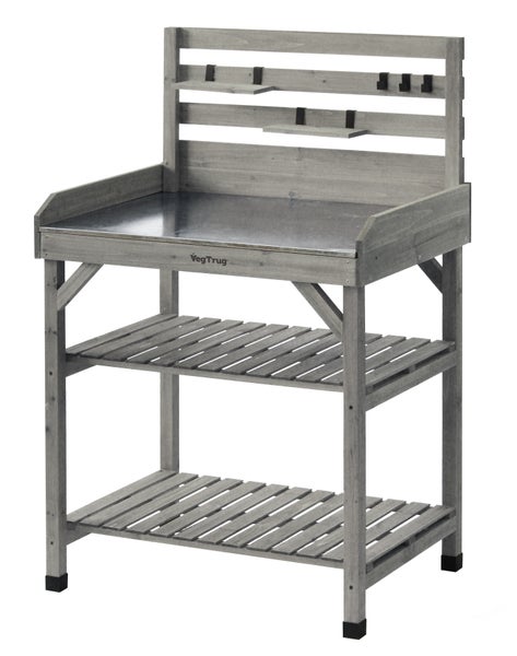VegTrug Pflanztisch aus Holz mit Metallarbeitsplatte und zwei Ablageflächen für Gartenarbeiten.