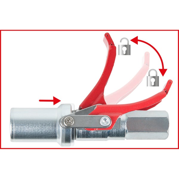 Fettpressenkupplung mit Verriegelungsfunktion und Pfeilen, die die Bedienung zeigen