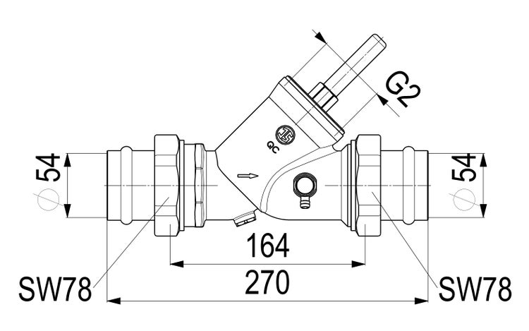 Technische Zeichnung eines Schrägsitzventils mit Maßangaben wie einer Gesamtlänge von 270 Millimetern und einem Durchmesser von 54 Millimetern.