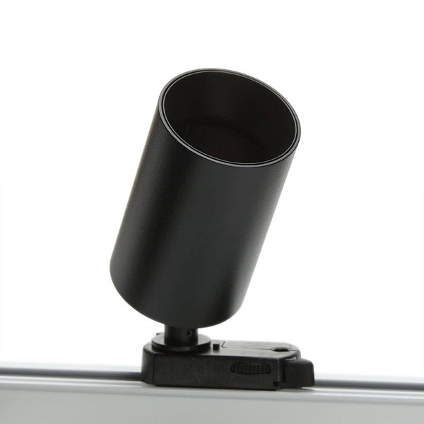 Schwarzer zylindrischer Schienenstrahler für Lichtschienensysteme, verstellbar, Metall.
