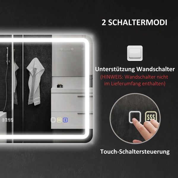LED-Badspiegel mit zwei Schaltmodi: Unterstützung für Wandschalter und integrierte Touch-Steuerung. Mit Antibeschlagfunktion und Bluetooth.