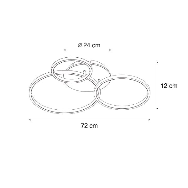 Technische Zeichnung einer runden LED Deckenleuchte mit drei Leuchtringen und Maßen von 72 cm mal 12 cm.