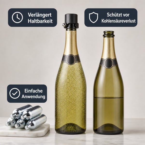 Sektverschluss mit Gaspatronen für längere Haltbarkeit und zum Schutz vor Kohlensäureverlust bei Sektflaschen durch einfache Anwendung.