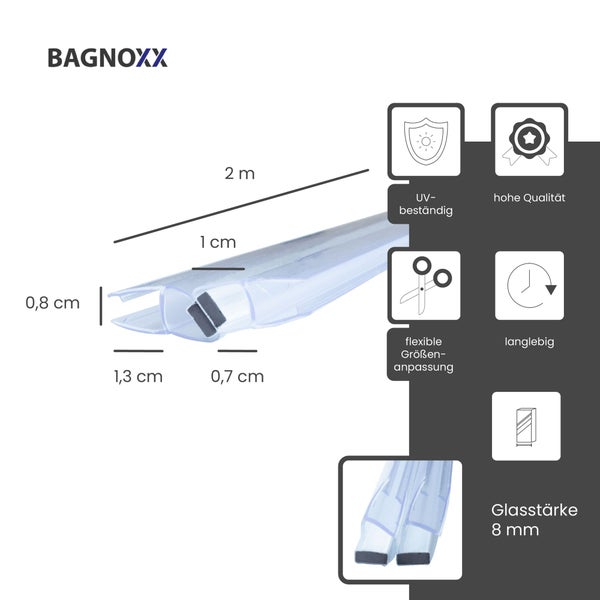 Bagnoxx Logo, magnetische Duschdichtung für 8 Millimeter Glasstärke, 2 Meter Länge, UV-beständig, langlebig und flexibel zuschneidbar.