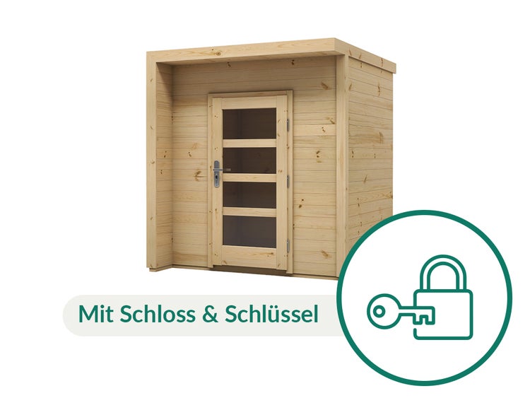 Gartenhaus aus Holz mit Flachdach und Glastür, inklusive Schloss und Schlüssel.