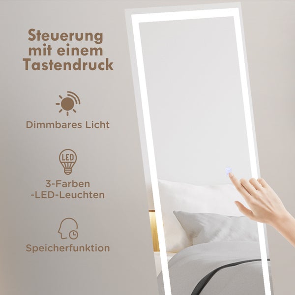 HOMCOM Ganzkörperspiegel, Standspiegel, Wandspiegel mit LED-Leuchte, Lichtspiegel mit 3 Lichtfarbe, Touch-Schlater, für Wohnzimmer, Schlafzimmer, 40 x 150 cm, Aluminium, Weiß