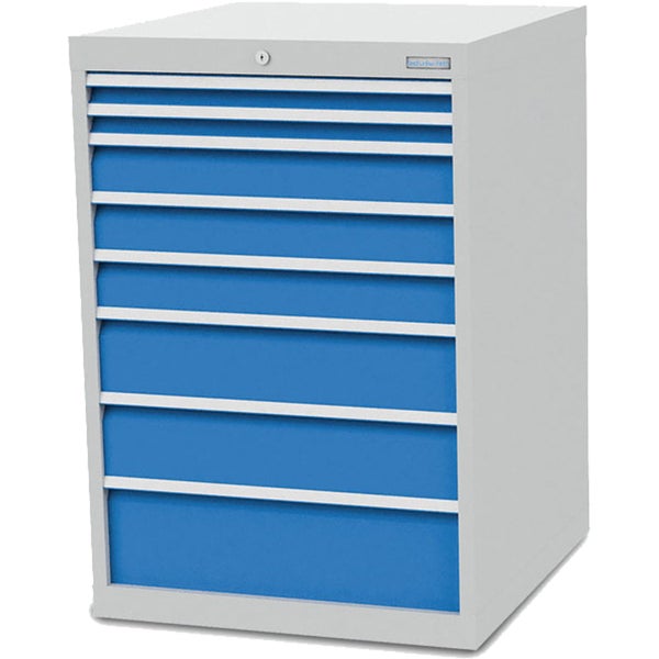 Werkzeugschrank aus Metall mit acht blauen Schubladen und grauem Gehäuse, abschließbar.