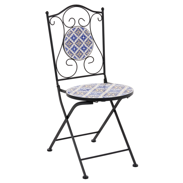 Klappstuhl aus Metall mit Mosaik Verzierung an Sitzflaeche und Rueckenlehne fuer Garten und Balkon