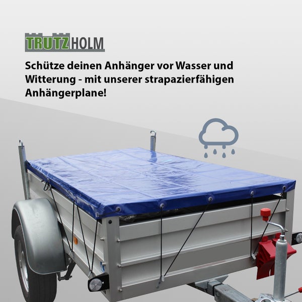 Trutzholm Logo mit strapazierfähiger Anhängerplane für wetterfesten Schutz auf einem PKW Anhänger