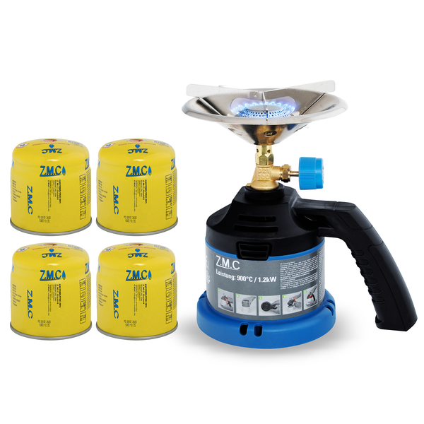 Z.M.C Campingkocher 1-flammig mit Griff, inkl. 190g Gaskartuschen, Kleiner Gasgrill & Kohleanzünder, Kartuschenkocher für Stechkartuschen, tragbarer Gaskocher für Camping & Outdoor und Indoor