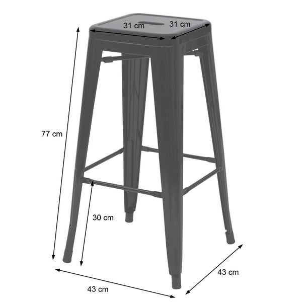 Metall-Barhocker mit den Maßen 77 cm Höhe, 31 cm Sitzfläche und 43 cm Beinabstand