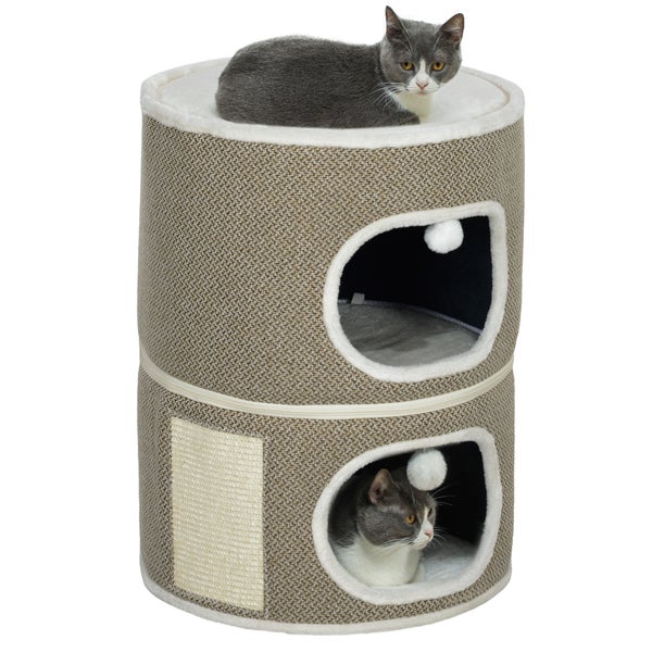 PawHut Kratztonne, 69 cm hoch Katzentonne mit 2 Höhle, Kratzbaum mit Spielbällen, Katzenturm aus Sisal, für Katze bis 6 kg, Kaffeebraun+Cremeweiß