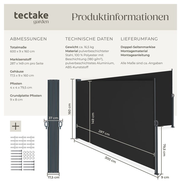 Infografik zur tectake Doppel-Seitenmarkise mit Abmessungen, technischen Daten und Lieferumfang inklusive Montagematerial.