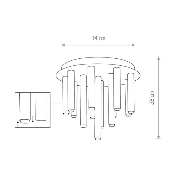 Moderne Deckenleuchte mit 12 hängenden zylindrischen Metallstrahlern an runder Basis für eine punktuelle Beleuchtung.