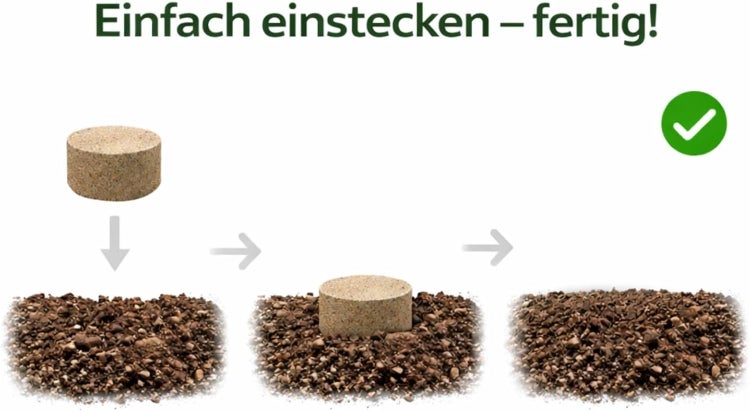 Dreistufige Anleitung zum Einsetzen einer Düngertablette in Mulch mit dem Text Einfach einstecken fertig und einem Symbol für Erfolg.