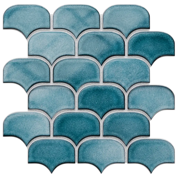 Türkise Mosaikfliese in Fächerform aus Keramik mit glasierter Oberfläche.