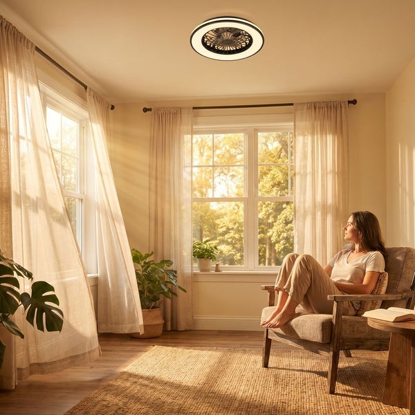 Modernes Wohnzimmer mit Deckenventilator mit Licht, zwei Fenstern mit lichtdurchlässigen Vorhängen, einer Person im Sessel und Holzmöbeln.