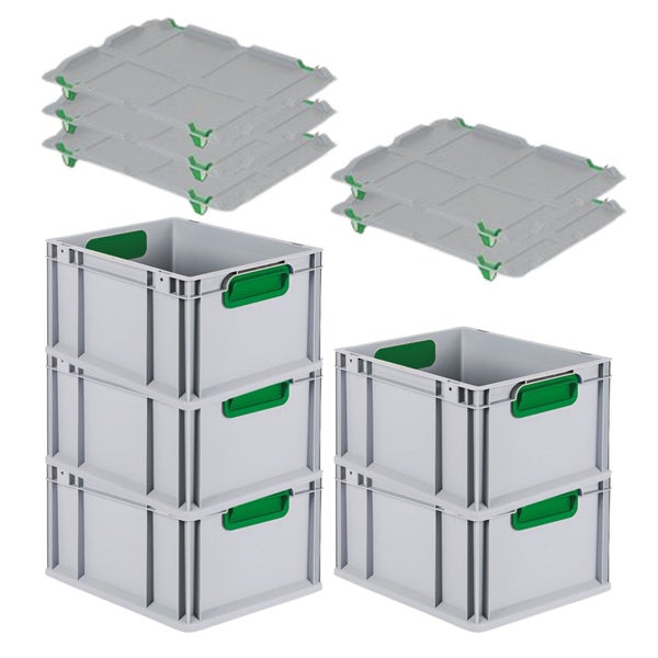 PROREGAL Spar Set 5x Eurobox Nextgen Color Mit Auflagedeckel & Schiebeschnappverschlüsse HxBxT 22 x 30 x 40 cm Griffe Grün Geschlossen Glatter Boden