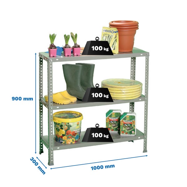 Graues Metallregal mit drei Fachböden, Belastbarkeit 100 Kilogramm pro Boden, 900 Millimeter hoch, 1000 Millimeter breit, 300 Millimeter tief.