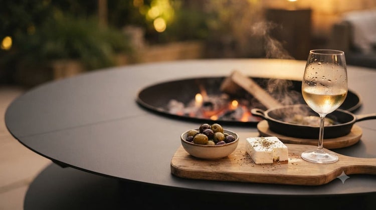 Runder Grilltisch mit integrierter Feuerstelle im Freien, serviert mit Oliven, Schafskäse und einem Weinglas in gemütlicher Atmosphäre.