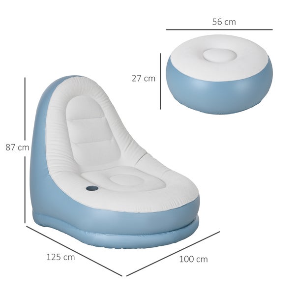 Outsunny Aufblasbares Sofa, Aufblasbarer Sessel mit Fußhocker Luftsofa mit Becherhalter, für Camping, Zuhause, Weiß, 125 x 100 x 87 cm