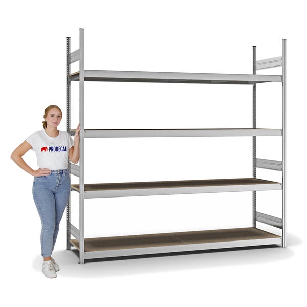 PROREGAL Weitspannregal Stecksystem T-Profil Grundregal HxBxT 250x250x60 cm 4 Ebenen Spanplatten Fachboden Fachlast 350 kg Verzinkt