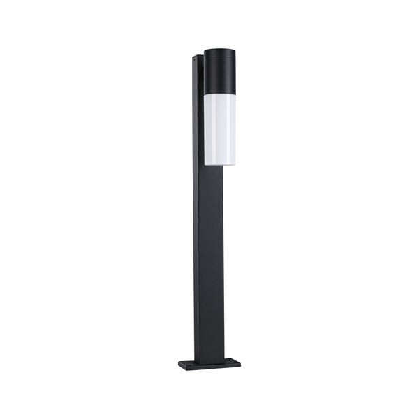 Moderne schwarze Pollerleuchte mit zylindrischem Lichtdiffusor für den Außenbereich.