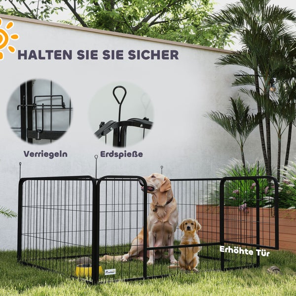 PawHut Welpenauslauf aus schwarzem Metall im Garten mit zwei Hunden, Details zu Verriegelung, Erdspießen und erhöhter Tür.