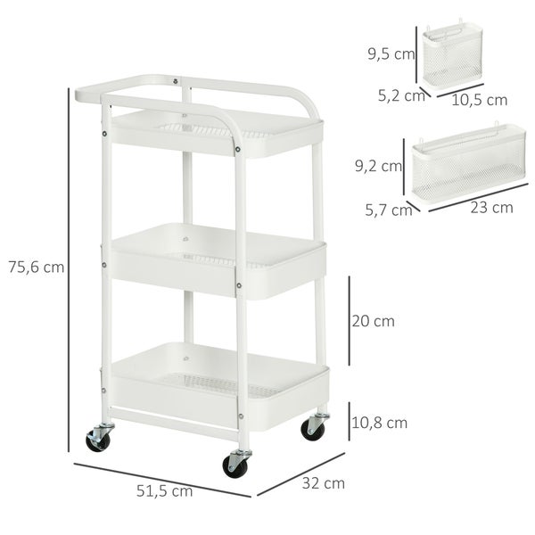 HOMCOM Rollwagen 3-Etagen Küchenwagen mit Schubladen und Korb für Küche Büro  Aufbewahrungswagen Servierwagen Küchenregal mit Rollen Schlafzimmer Wohnzimmer Stahl Weiß  51,5 x 32 x 75,6 cm