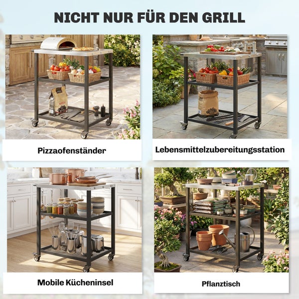 Multifunktionaler Rollwagen mit drei Ebenen, genutzt als Pizzaofenständer, Zubereitungsstation, mobile Kücheninsel und Pflanztisch.