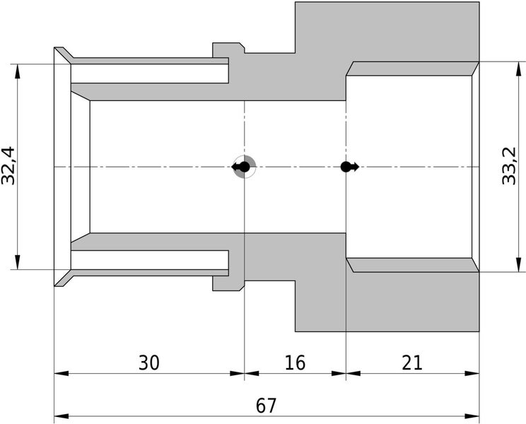 Technische Zeichnung einer Rohrkupplung mit Bemaßung: Gesamtlänge 67, Durchmesser 32,4 und 33,2.