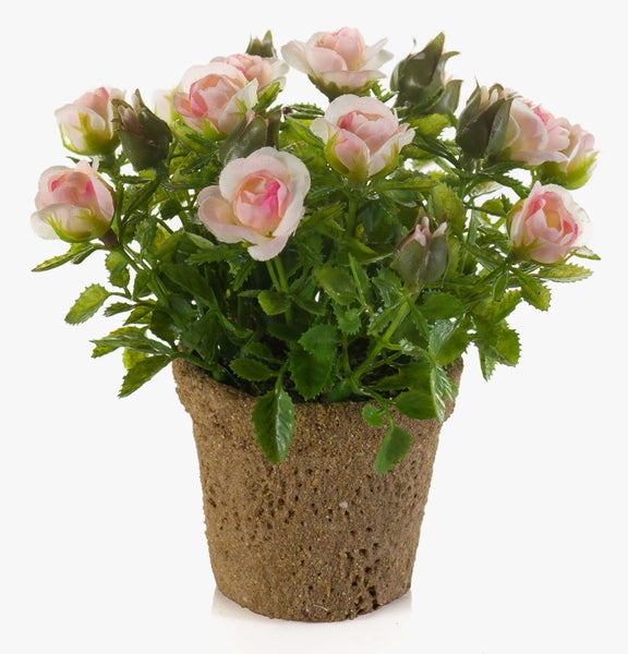 Künstliche Rosen, dekorativer Strauß aus Textilmaterial mit grünen Blättern und rosa-weißen Blüten.