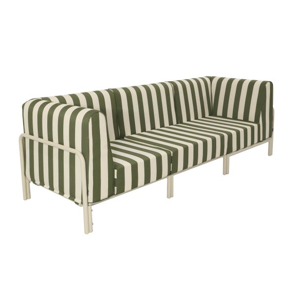Dreisitzer-Gartensofa mit grün-weiß gestreiften Polstern und cremefarbenem Metallgestell.