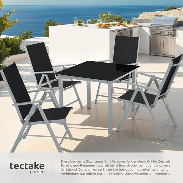 Sitzgruppe tectake Stabia Tisch mit Sicherheitsglasplatte und Ausgleichsschrauben mit Aluminiumgestell, für 4 Personen silber