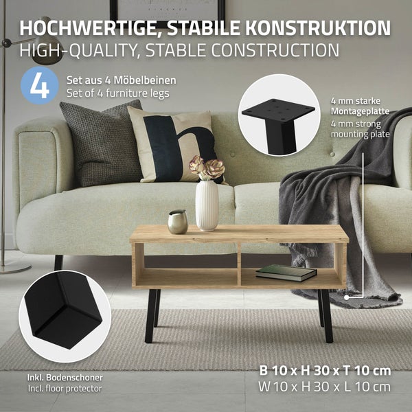 ML-Design 4er Set Tischbeine schräg H:30 cm, Schwarz glänzend, aus pulverbeschichtetem Stahl, eckig, Profil 4x4 cm, I-Form, Möbelfüße Metall 96° Neigung, Tischfüße Möbelbeine für Couchtisch, Sitzbank