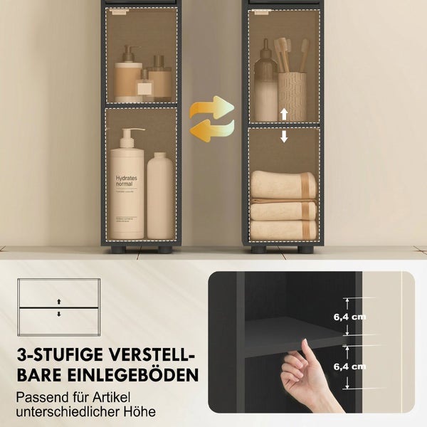 Badezimmerschrank mit 3-stufig verstellbaren Einlegeböden für Artikel unterschiedlicher Höhe, zeigt Aufbewahrung von Flaschen und Handtüchern.