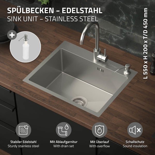 ML-Design Spülbecken Edelstahl 55x45 cm, Küchenspüle Rechteckig, 1 Becken Einbauspüle, Edelstahlspüle mit Ab- und Überlaufgarnitur, Hahnloch & Seifenspender, Einzelbecken mit Siphon, Waschbecken Küche